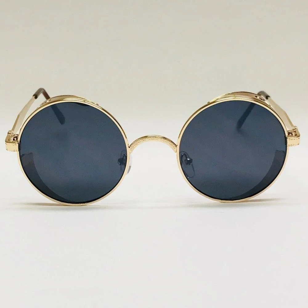 Dark Black Lens Round Thick Frame Gold Metal Sunglasses Men Hip Hop Style Trendy